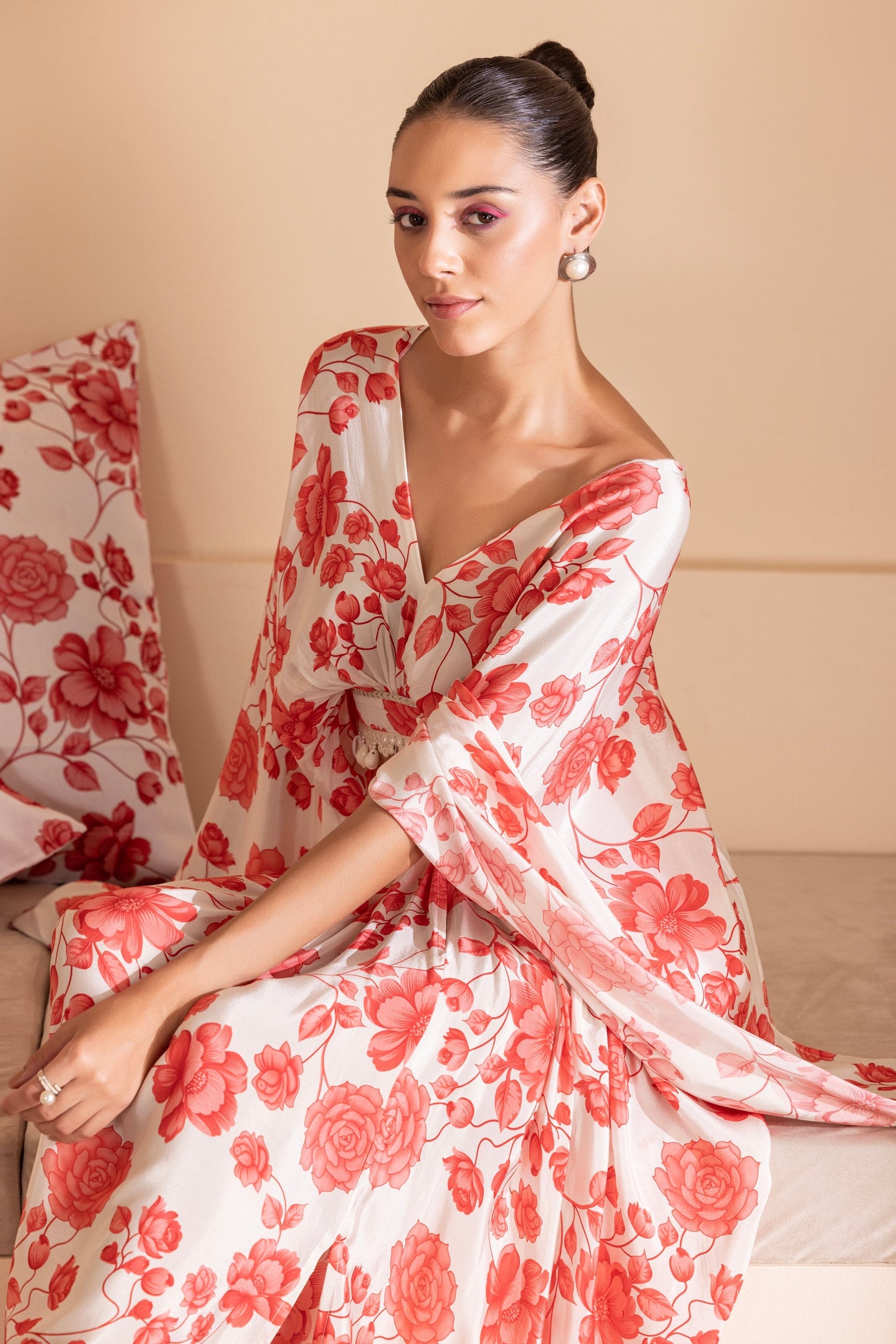 Red Floral Printed Crop Top and Skirt Set