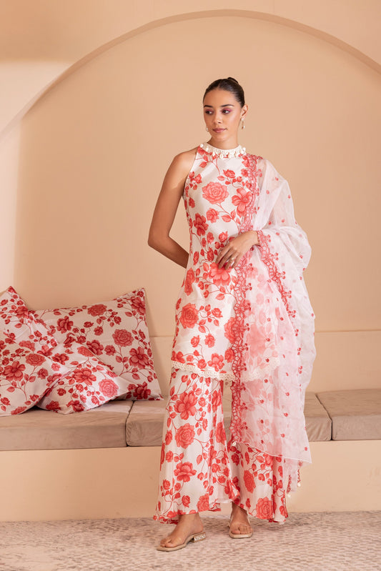 Red Floral Halter Set with Embroidered Organza Dupatta