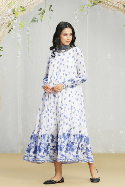 White and Blue Printed Tiered Dress