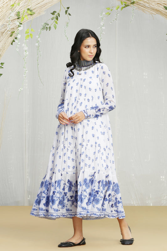 White and Blue Printed Tiered Dress