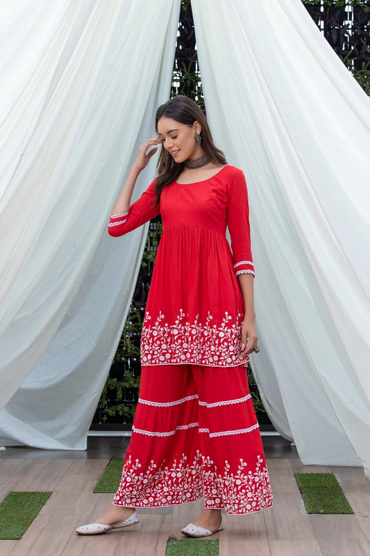 Red Flared Embroidered Kurta Set