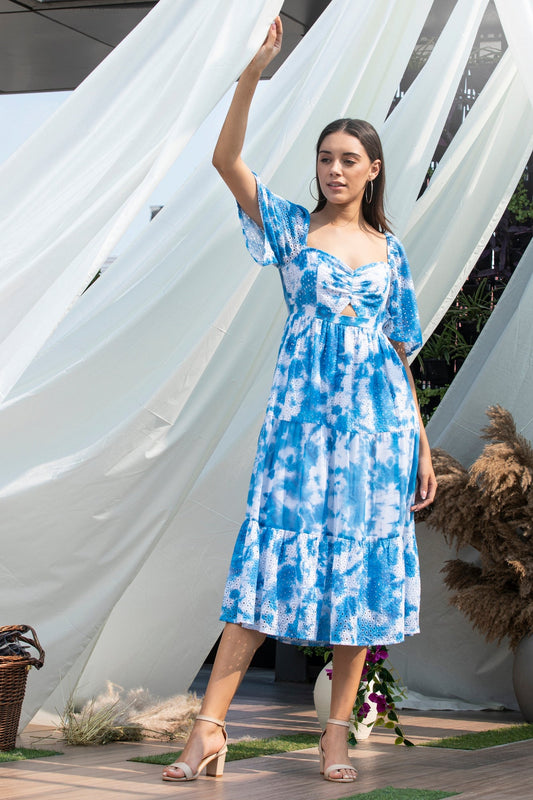 Blue Tie-Dye Schiffli Midi Dress