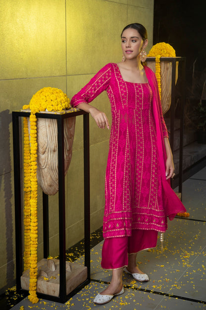 Hot Pink and Gold Chikankari Kurta Set with Dupatta