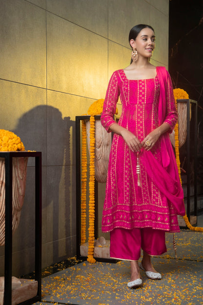 Hot Pink and Gold Chikankari Kurta Set with Dupatta