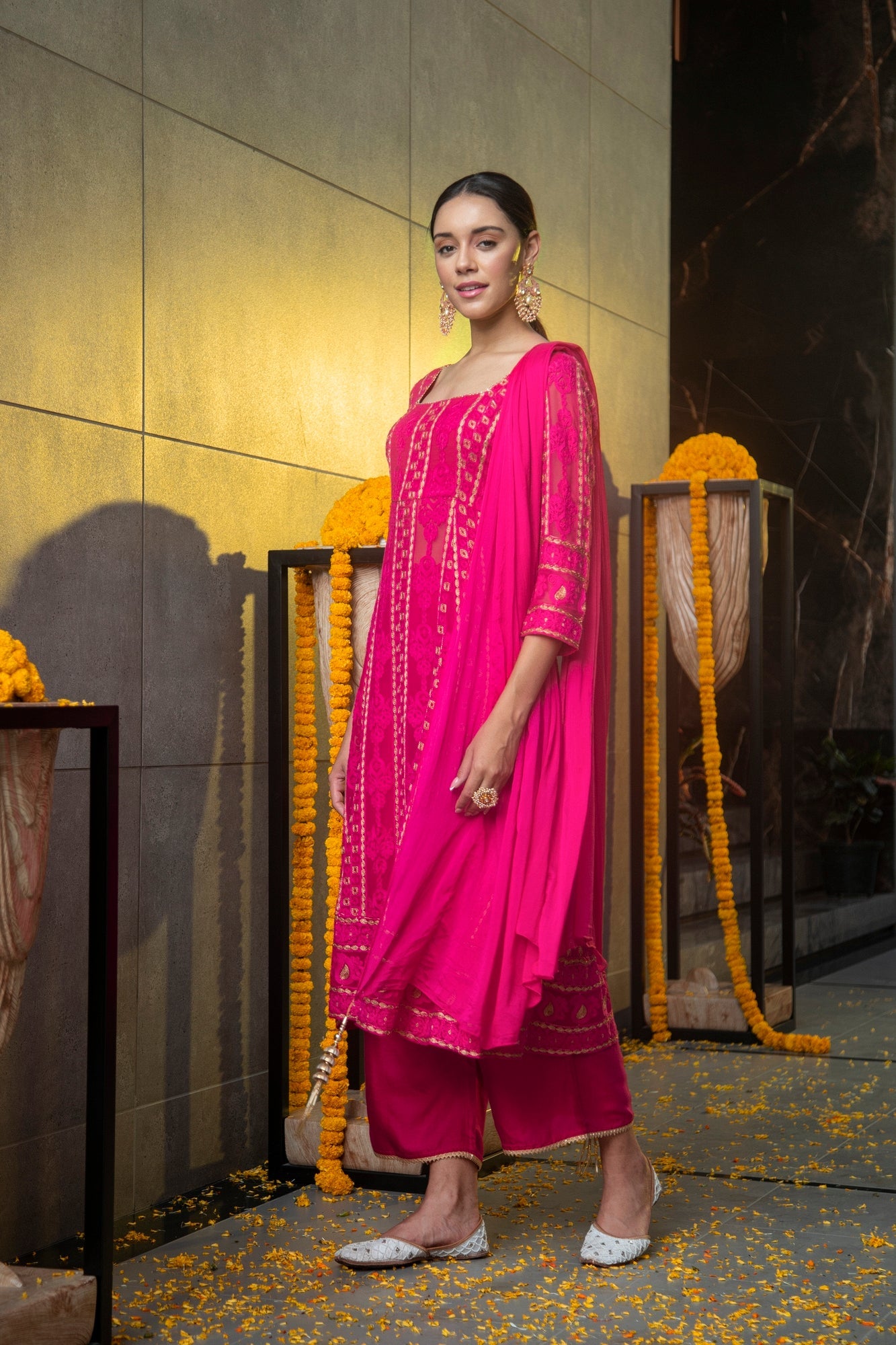 Hot Pink and Gold Chikankari Kurta Set with Dupatta