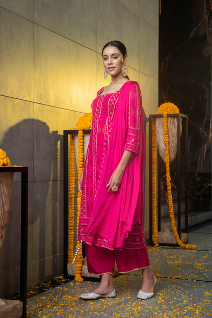 Hot Pink and Gold Chikankari Kurta Set with Dupatta