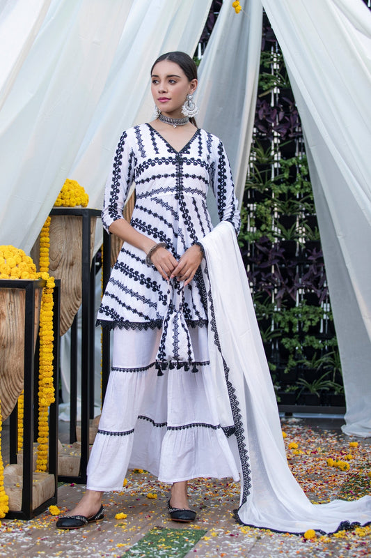 White and Black Embroidered Suit Set