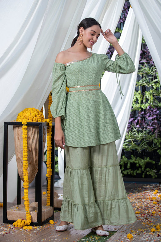 Green Chikankari Drop-Shoulder Fusion Set