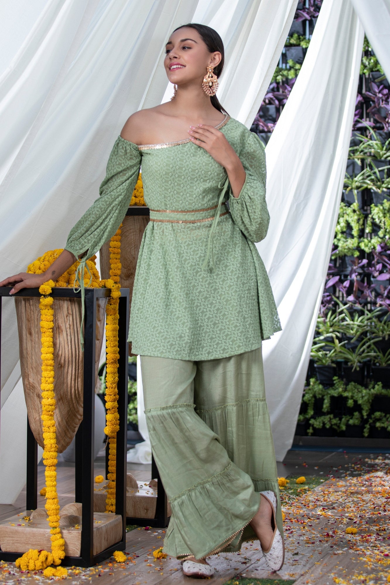 Green Chikankari Drop-Shoulder Fusion Set