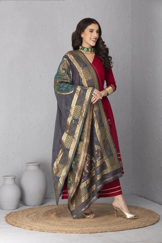 Crimson Angrakha Style Kurta Set with Dupatta