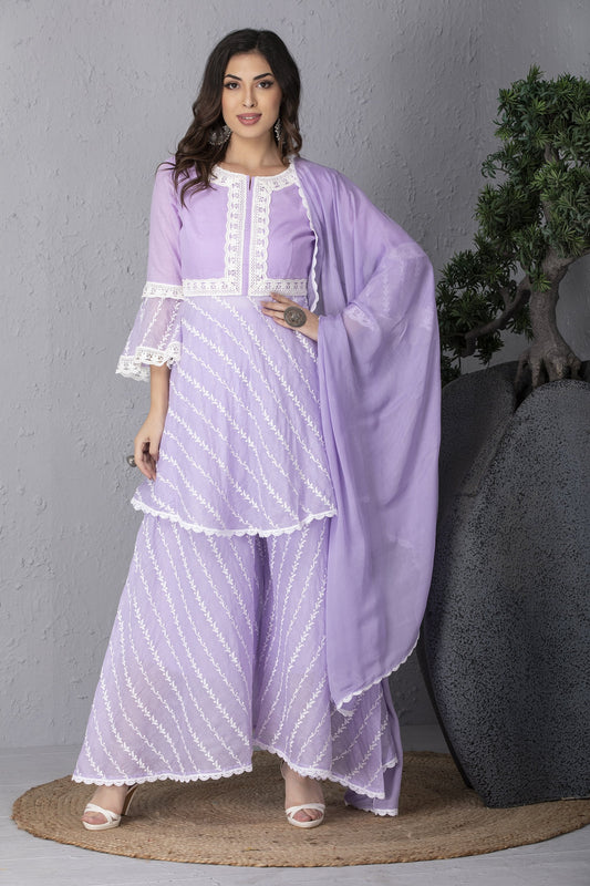 Mauve Embroidered Kurta Set With Dupatta