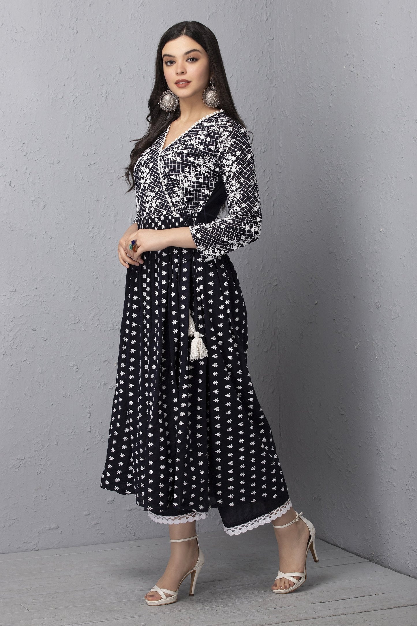 Navy Embroidered Angrakha Style Kurta Set