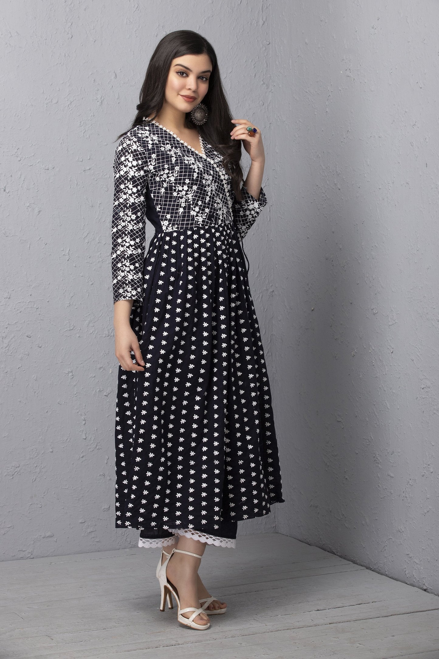 Navy Embroidered Angrakha Style Kurta Set