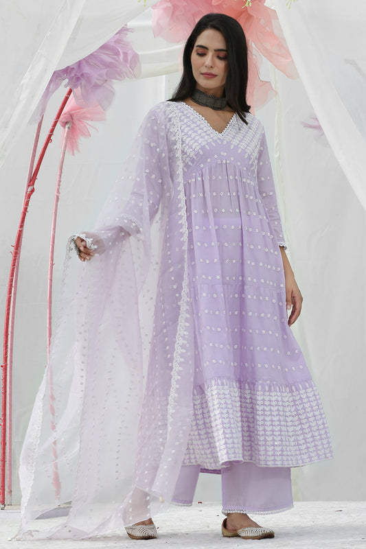 Lavender Embroidered Suit Set with Organza Dupatta