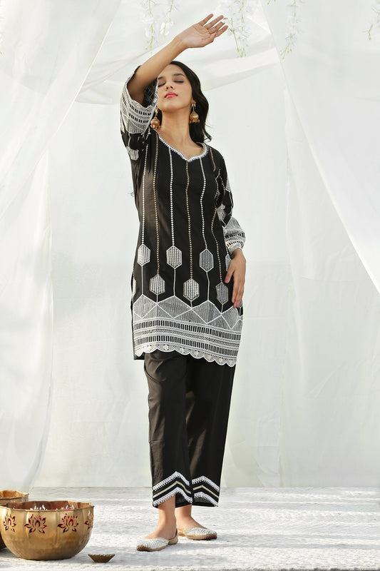 Black and Gold Crystal Embroidered Kurta Set