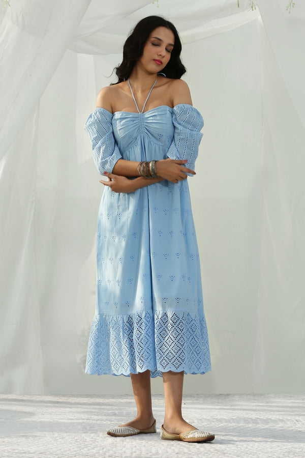 SKY BLUE TIE SCHIFFLI MIDI DRESS