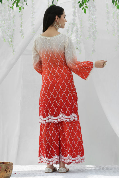 Coral Ombre Embroidered Kurta Set