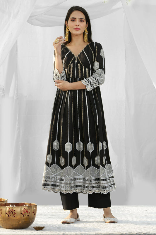 Black Crystal Anarkali Embroidered Kurta Set