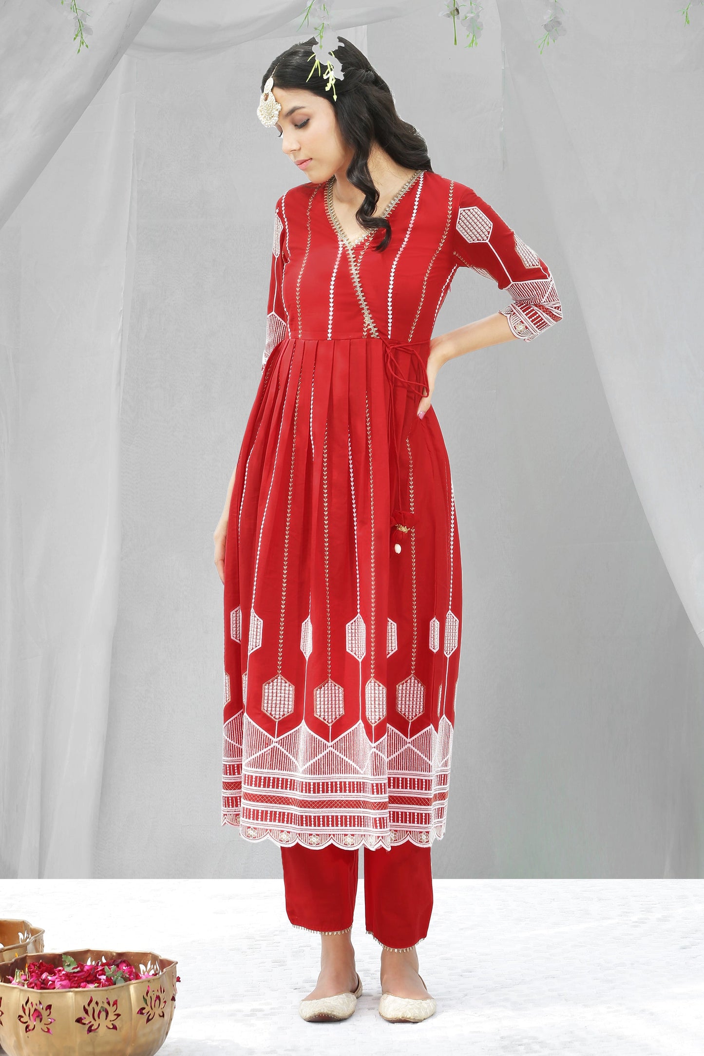 Red And Gold Chikankari Embroidered Kurta Set