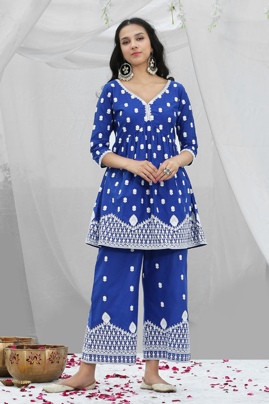 Indigo White Floral Embroidery Kurta Set
