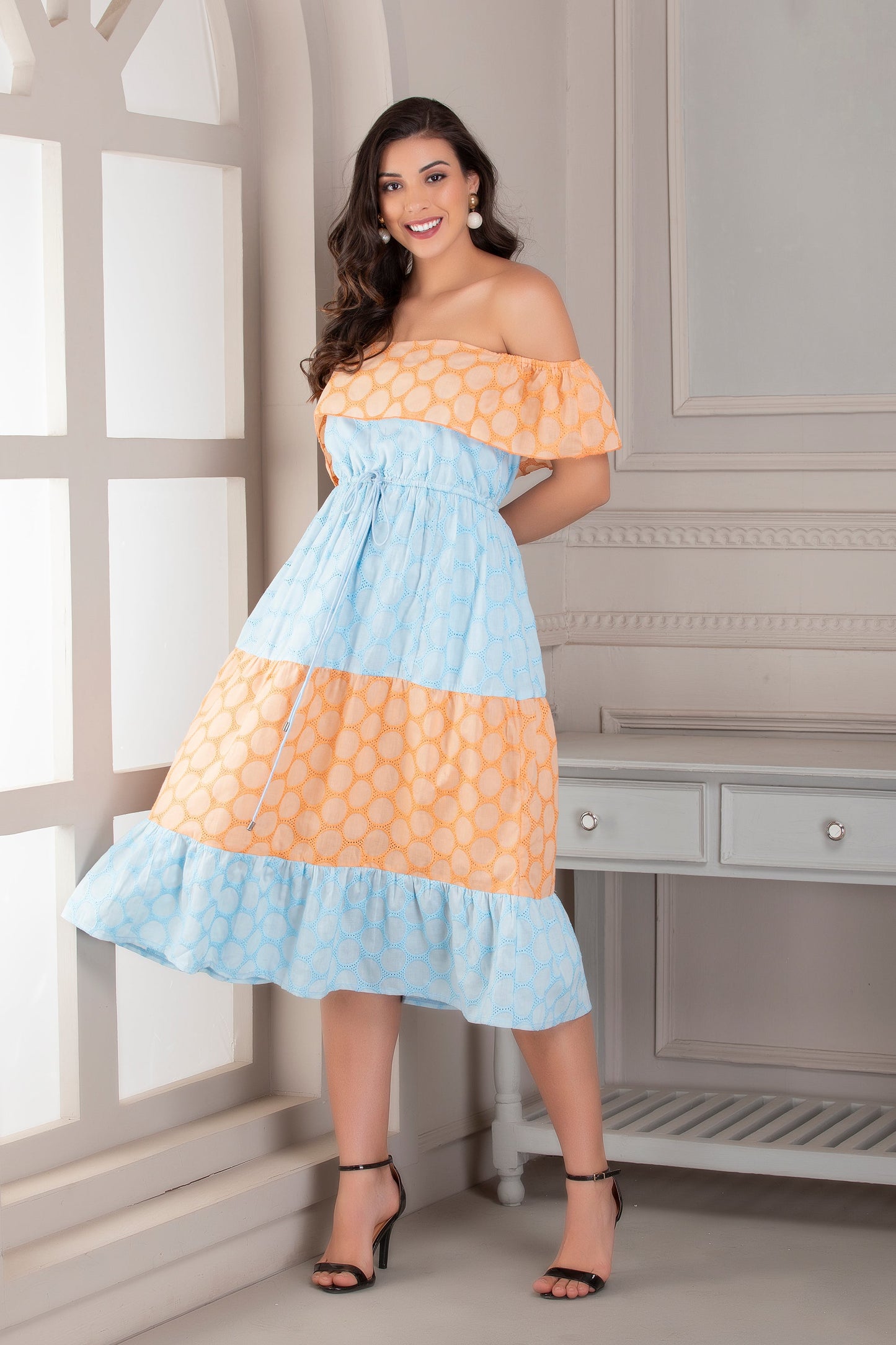 Peach and Sky Embroidered Midi Dress