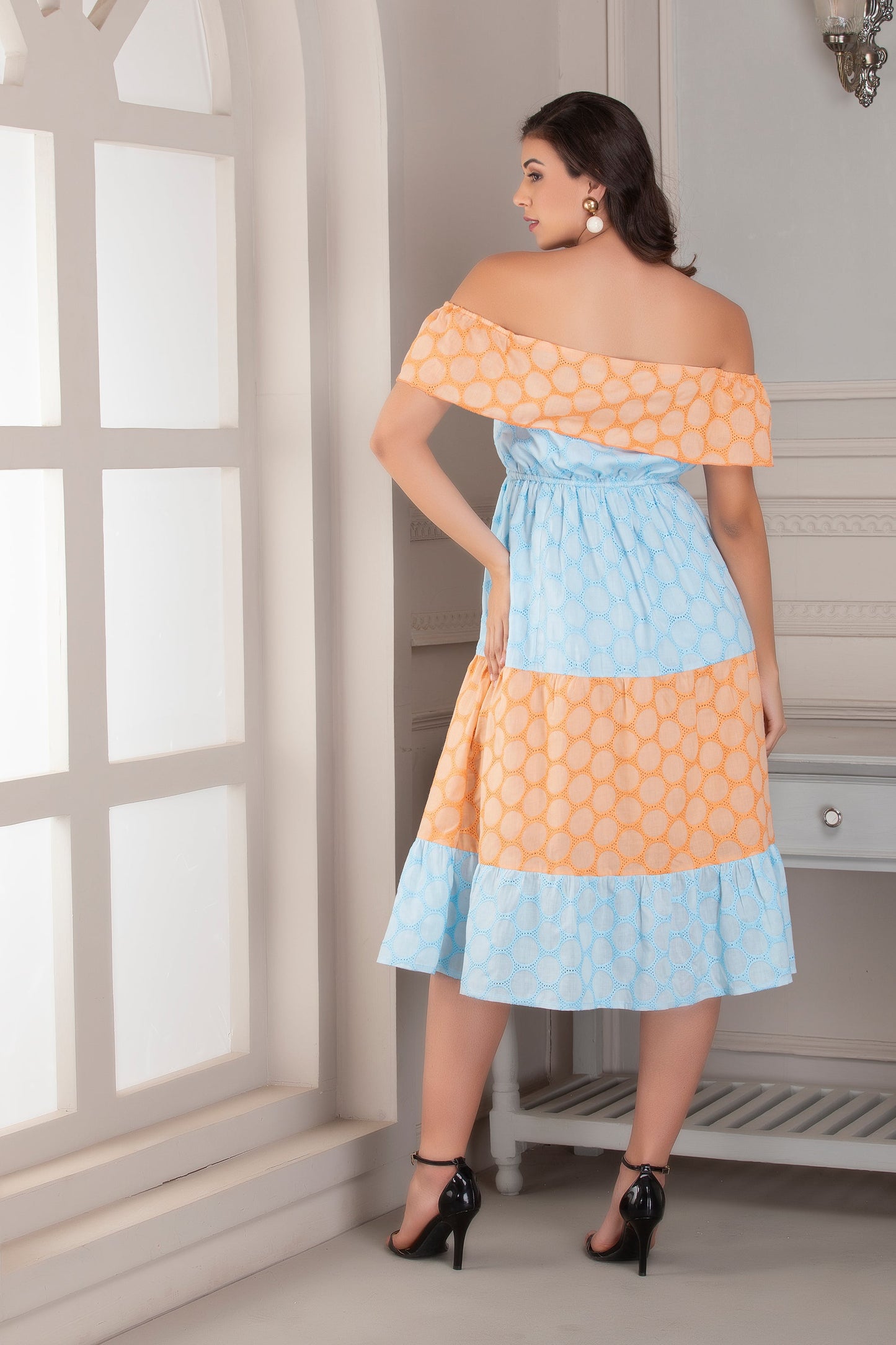 Peach and Sky Embroidered Midi Dress