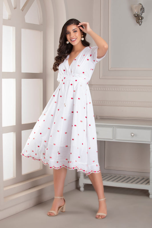 White Floral Embroidered Midi Dress
