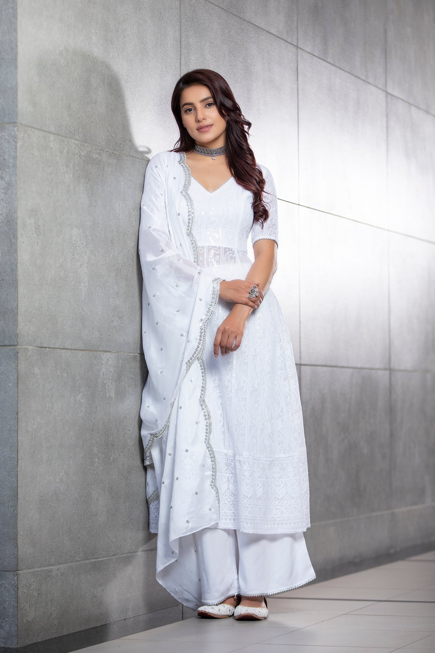 White Sequence Embroidered Kurta Set With Dupatta