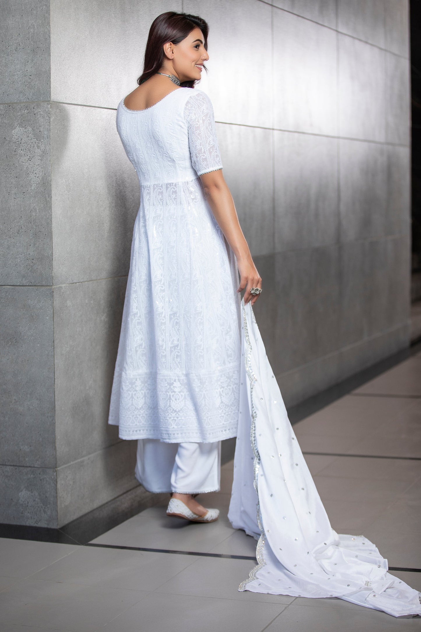 White Sequence Embroidered Kurta Set With Dupatta