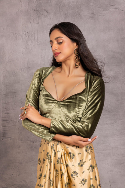 Dark Green Velet Crop Top and Printed Skirt Set