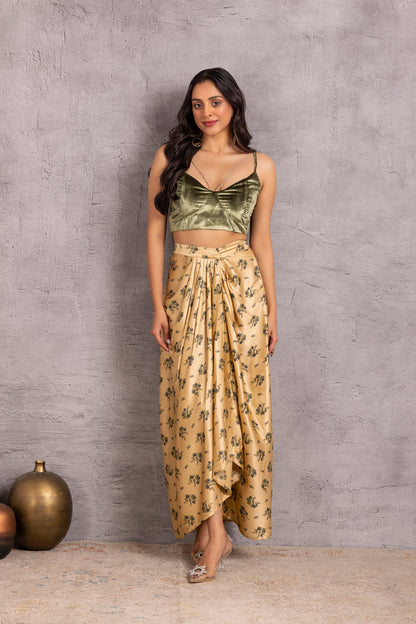 Dark Green Velet Crop Top and Printed Skirt Set