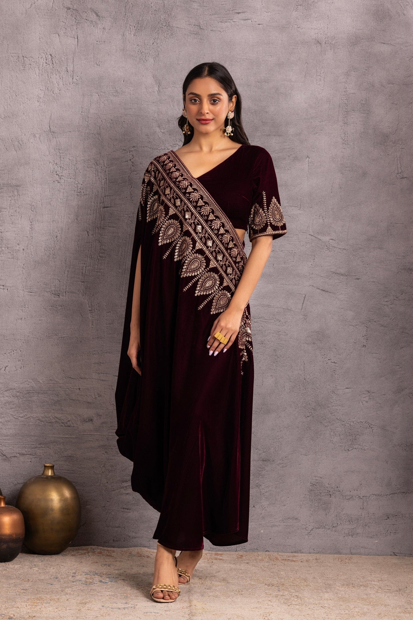 WINE VELVET Saree drape fusion dress