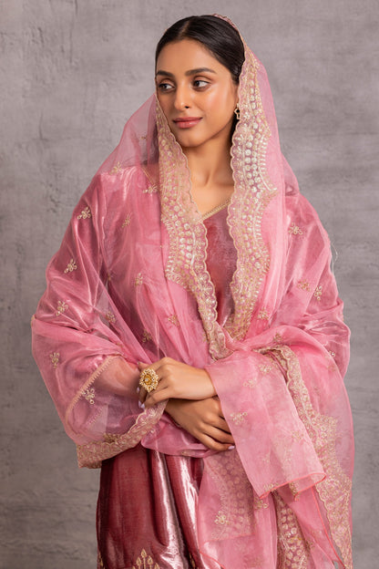 Onion pink velvet suit Set with Organza Dupatta